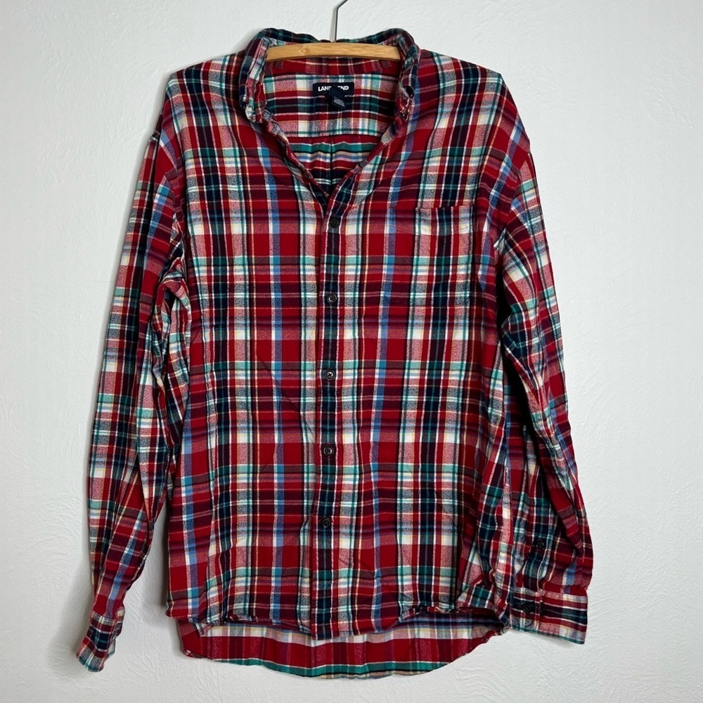 Lands' End Mens Red Plaid Long Sleeve Cotton Flannel Button Down Shirt Size L